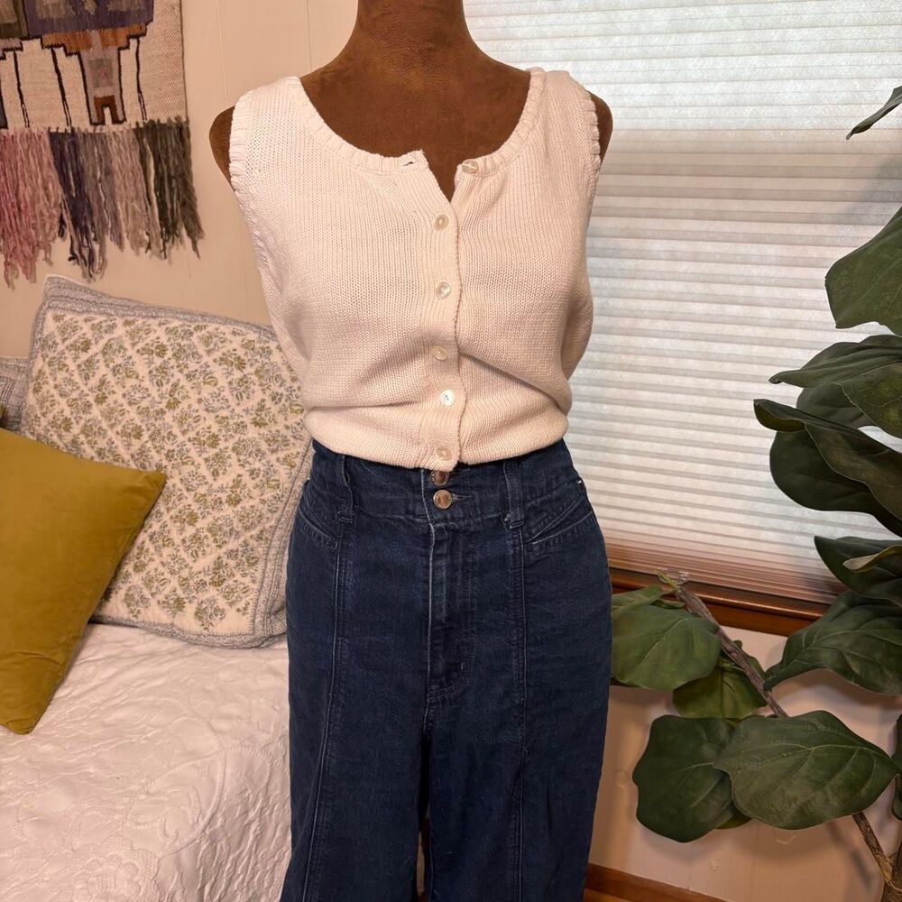 Cottage Boho 100% Cotton Knitted Y2K Button Up Minimalist Tank Top SZ M